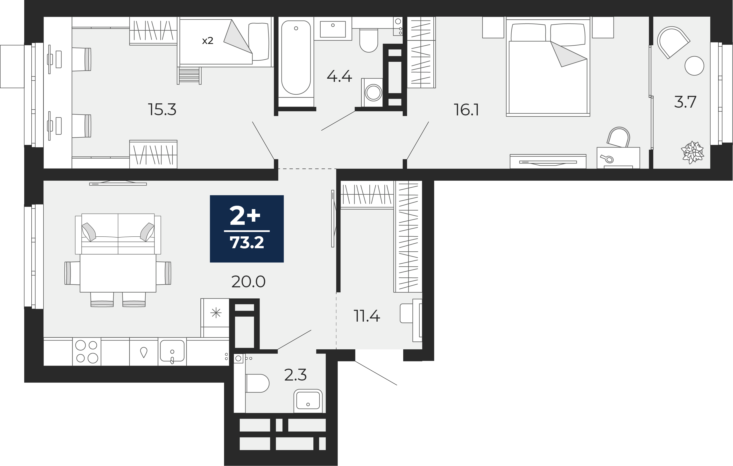 Планировка: Евротрешка 74.7 м² в ЖК Беринг, Лесобаза