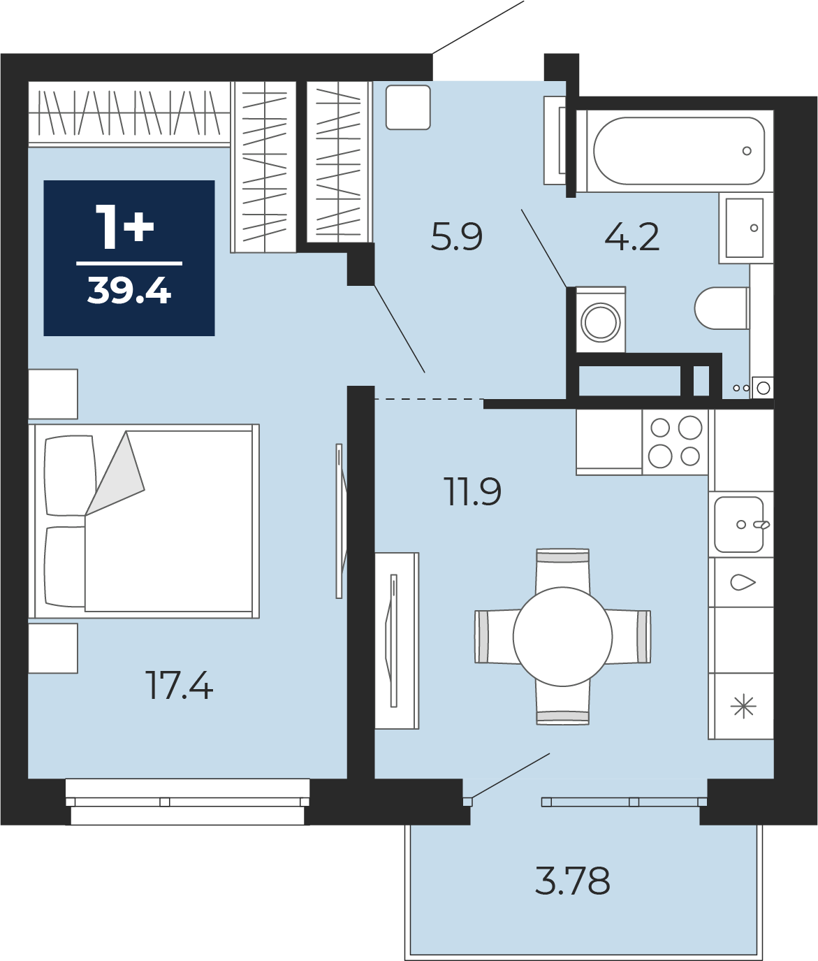 Планировка: 1-комнатная 43.9 м² в ЖК Прео, Тюменская слобода