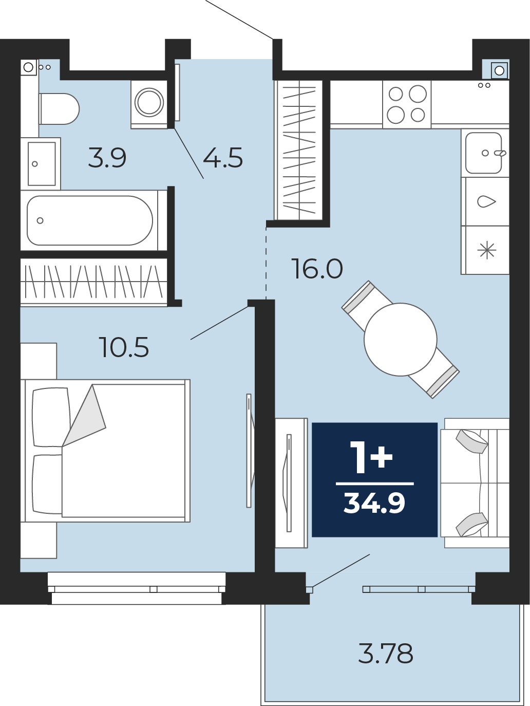 Планировка: Евродвушка 39.5 м² в ЖК Прео, Тюменская слобода