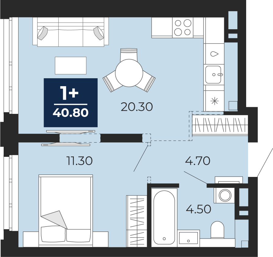 Планировка: Евродвушка 40.8 м² в ЖК Айвазовский, 5-й Заречный