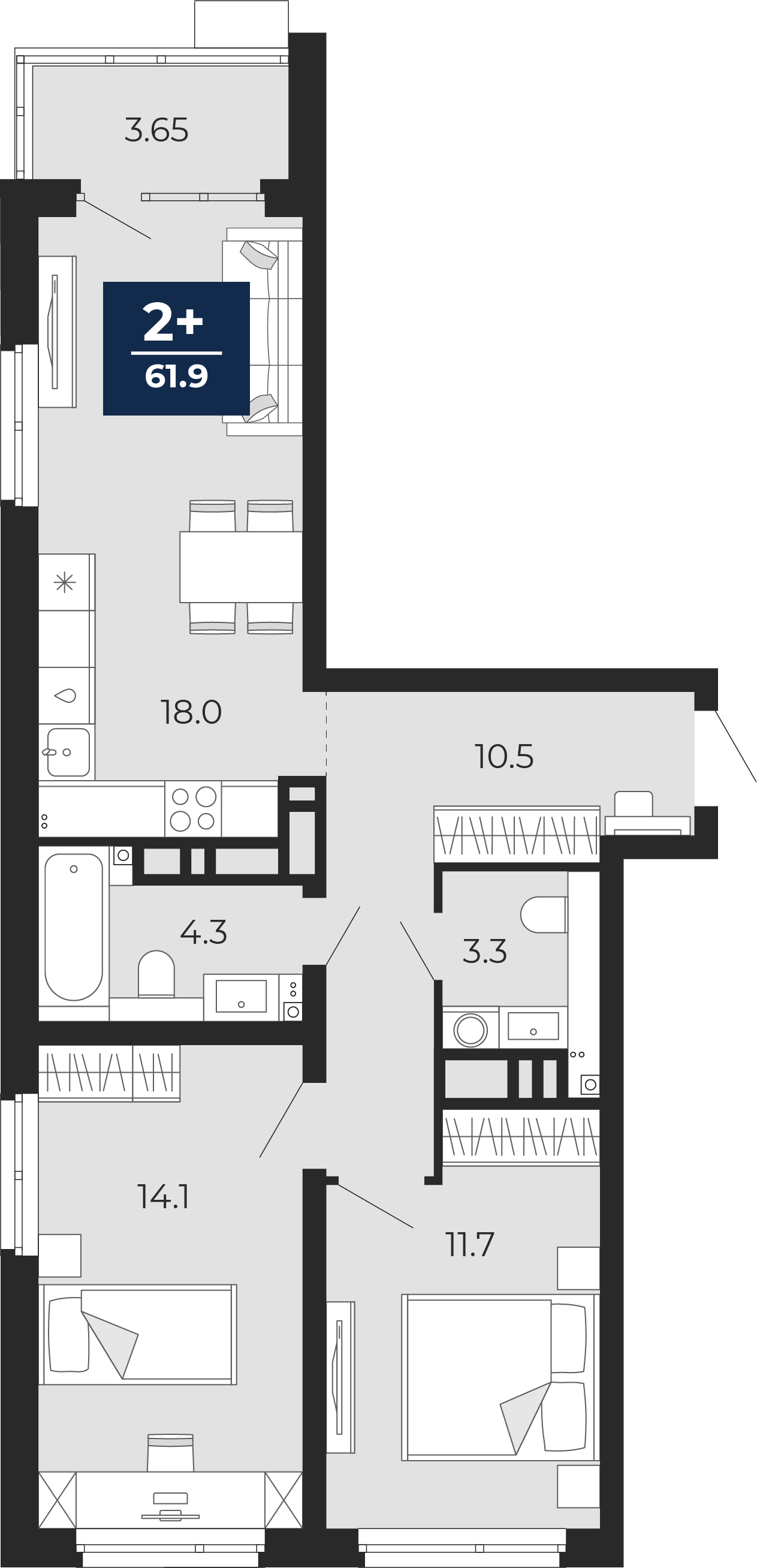 Планировка: Евротрешка 66.7 м² в ЖК Прео, Тюменская слобода
