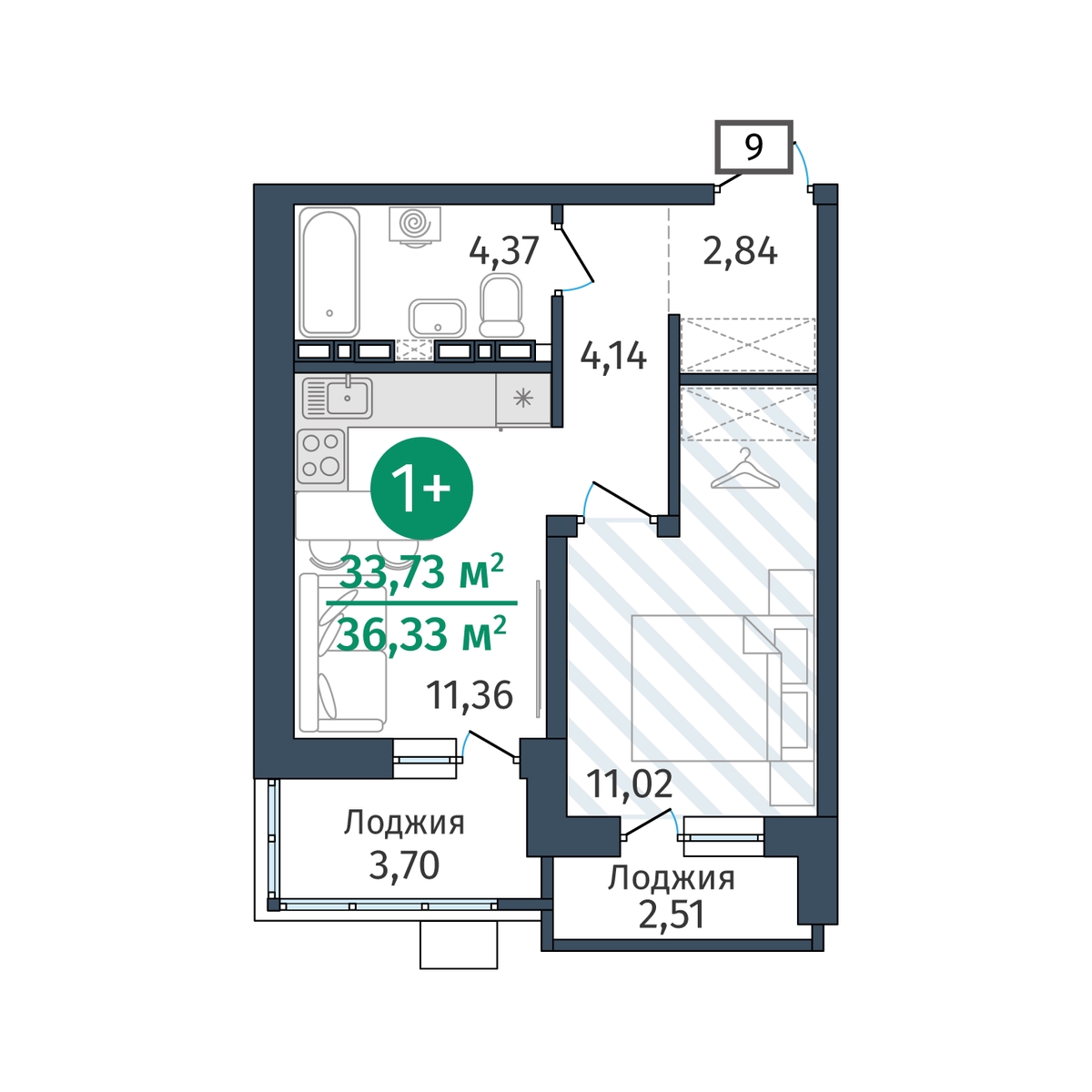 Планировка: 1-комнатная 36.3 м² в ЖК Гринвуд, От Слободы до Комарово парк