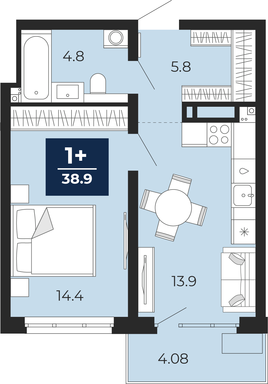 Планировка: Евродвушка 43.8 м² в ЖК Прео, Тюменская слобода