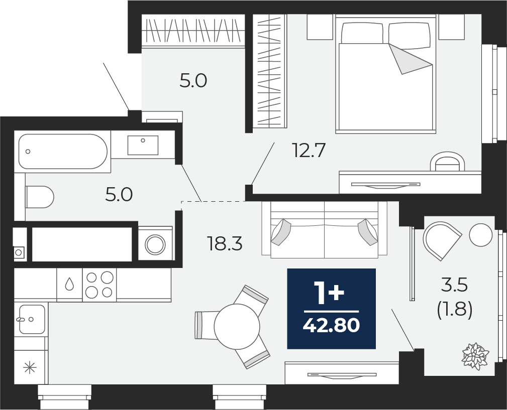 Планировка: Евродвушка 44.5 м² в ЖК Мириады, Мыс