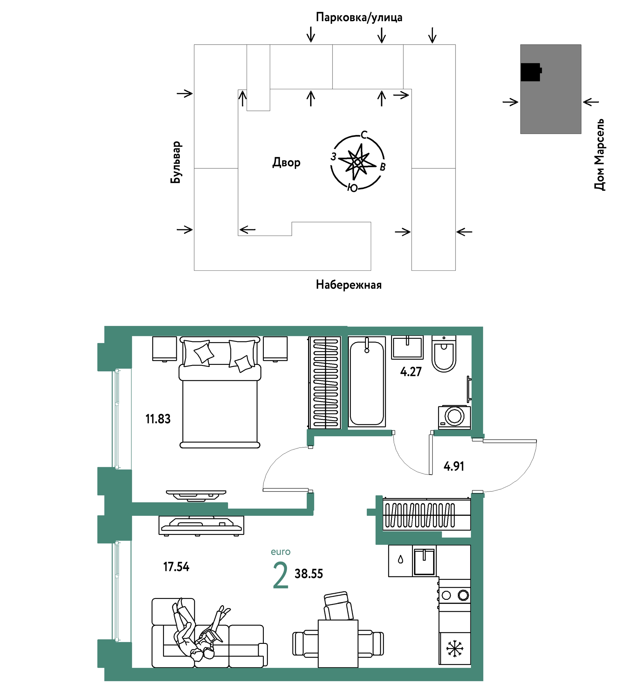 Планировка: Евродвушка 38.5 м² в ЖК Европейский берег 2.0, Европейский