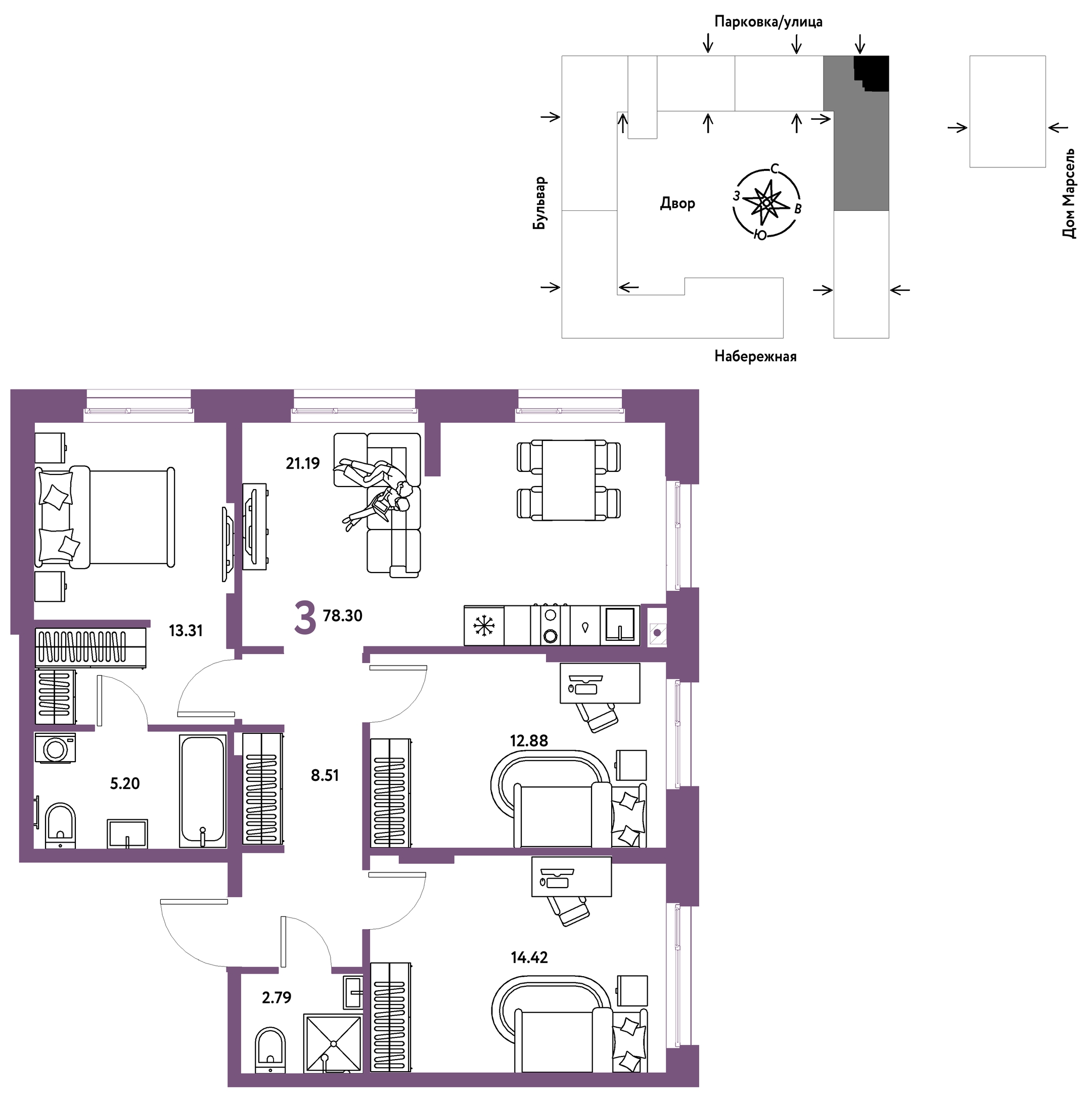 Планировка: 4-комнатная евро 78.3 м² в ЖК Европейский берег 2.0, Европейский