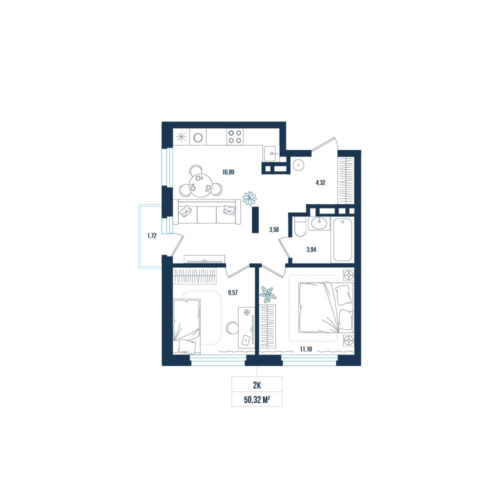 Планировка: Евротрешка 50.3 м² в ЖК Смородина, Мелиораторов