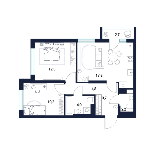 Планировка: 2-комнатная 57.9 м² в ЖК AIRIS, Комарово Парк
