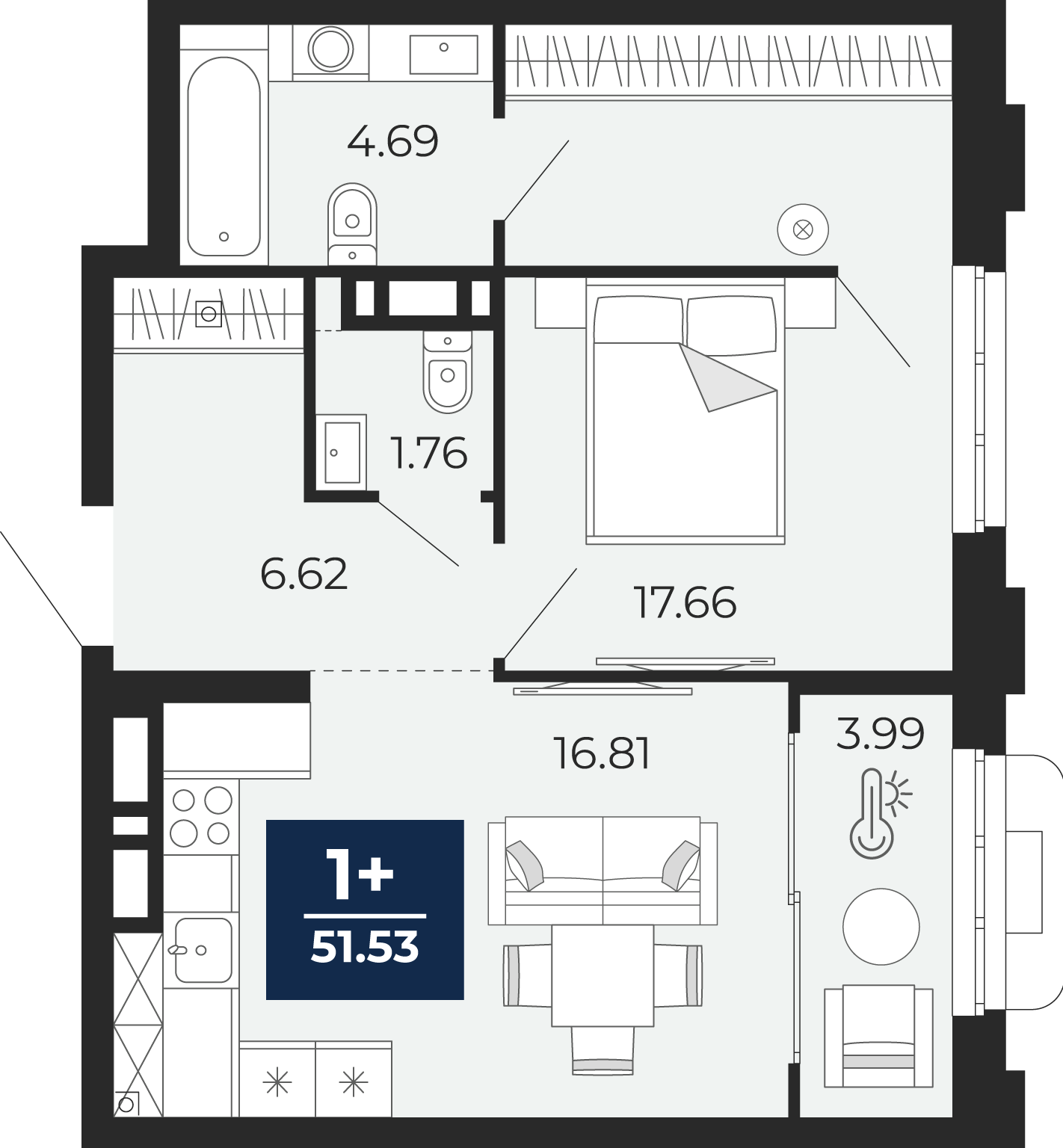 Планировка: Евродвушка 51.5 м² в ЖК Айвазовский, 5-й Заречный