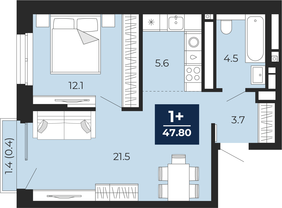 Планировка: Евродвушка 48.8 м² в ЖК Мириады, Мыс