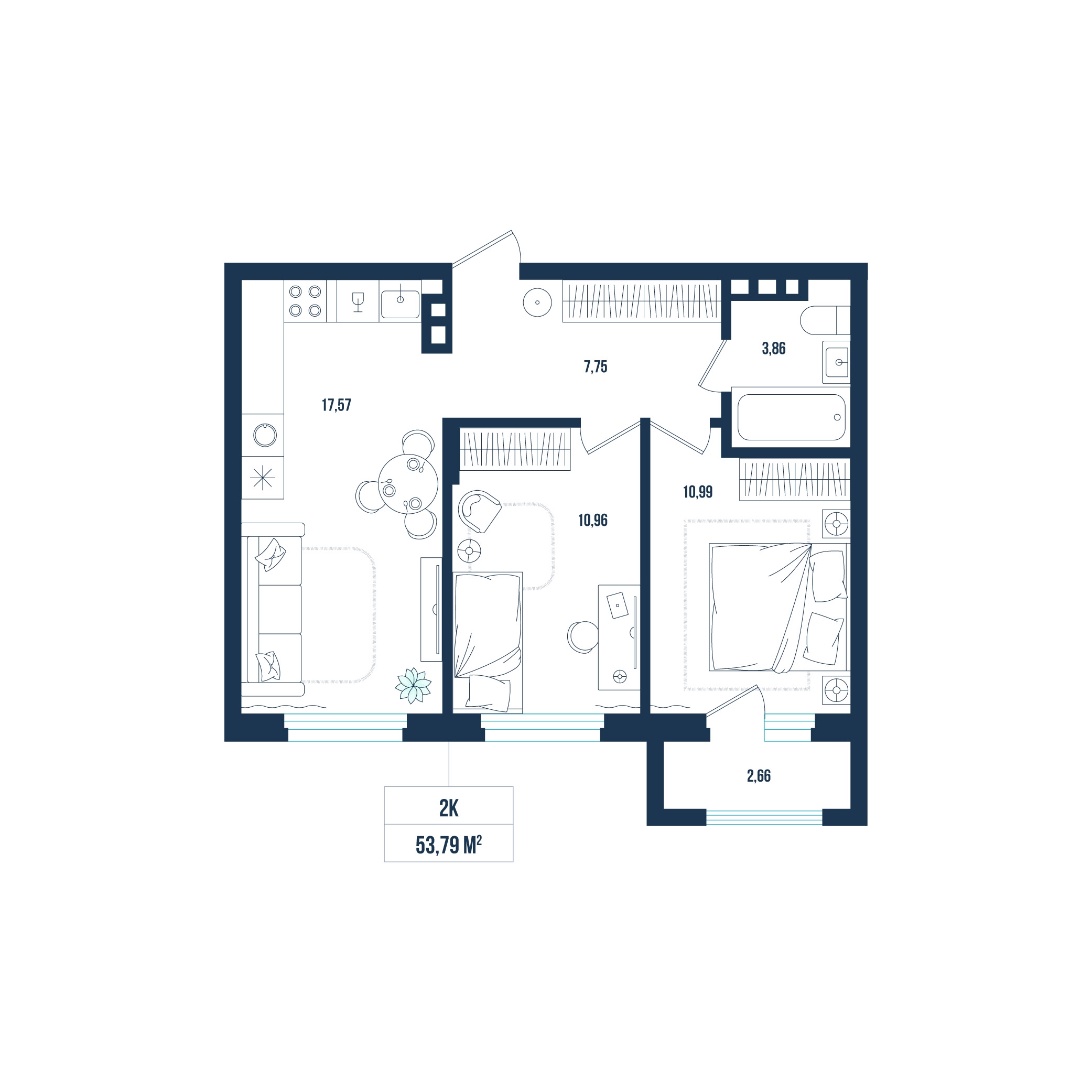 Планировка: Евротрешка 53.8 м² в ЖК Смородина, Мелиораторов