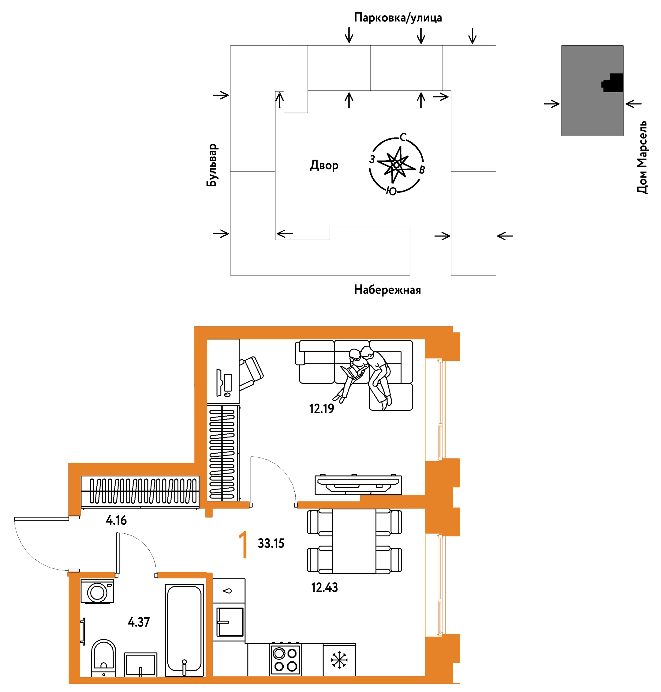 Планировка: 1-комнатная 33.1 м² в ЖК Европейский берег 2.0, Европейский