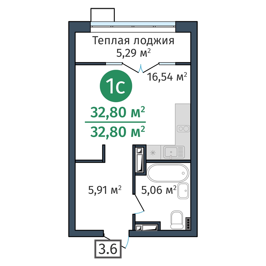 Планировка: Студия 32.8 м² в ЖК DOK, ДОК