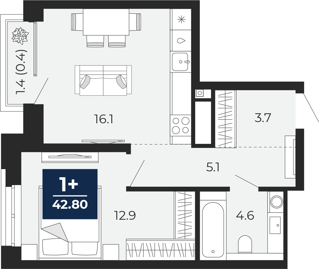 Планировка: Евродвушка 43.8 м² в ЖК Мириады, Мыс