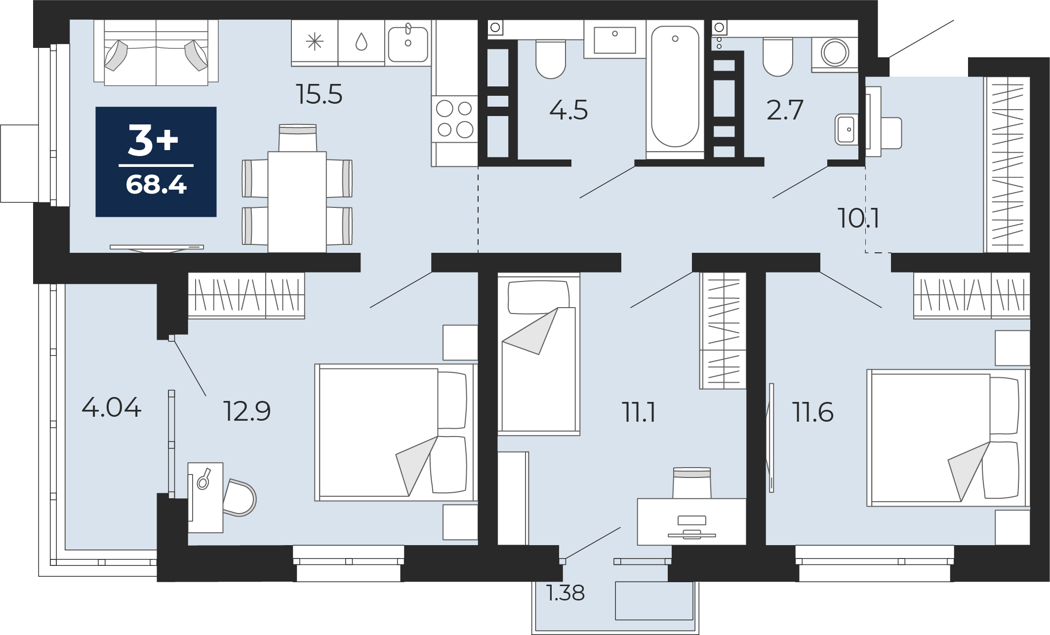 Планировка: 4-комнатная евро 75 м² в ЖК Прео, Тюменская слобода