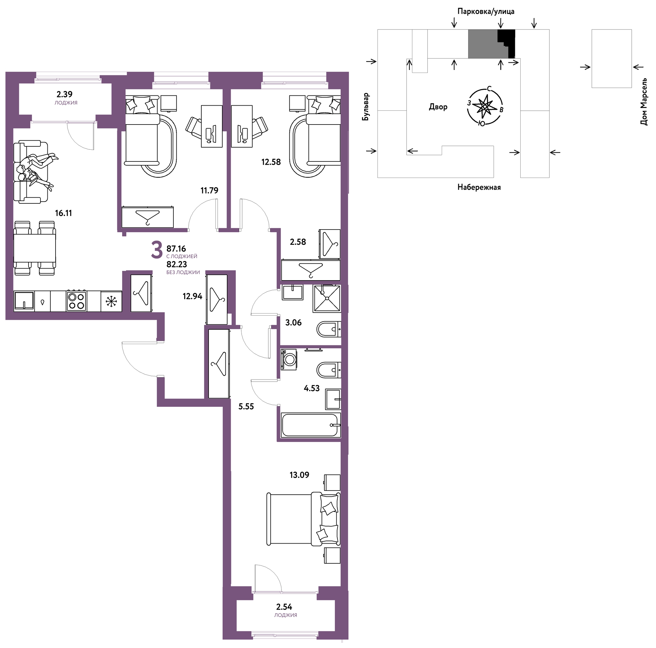 Планировка: 4-комнатная евро 87.2 м² в ЖК Европейский берег 2.0, Европейский