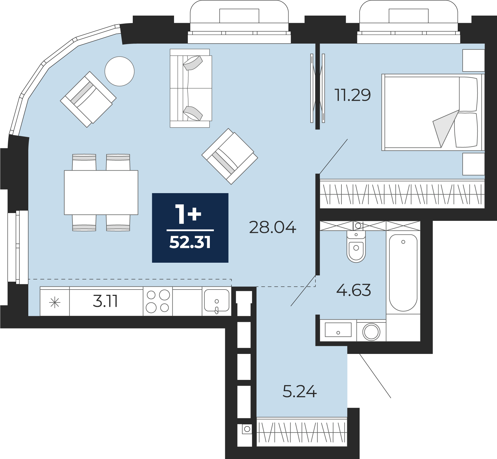 Планировка: Евродвушка 52.3 м² в ЖК Айвазовский, 5-й Заречный