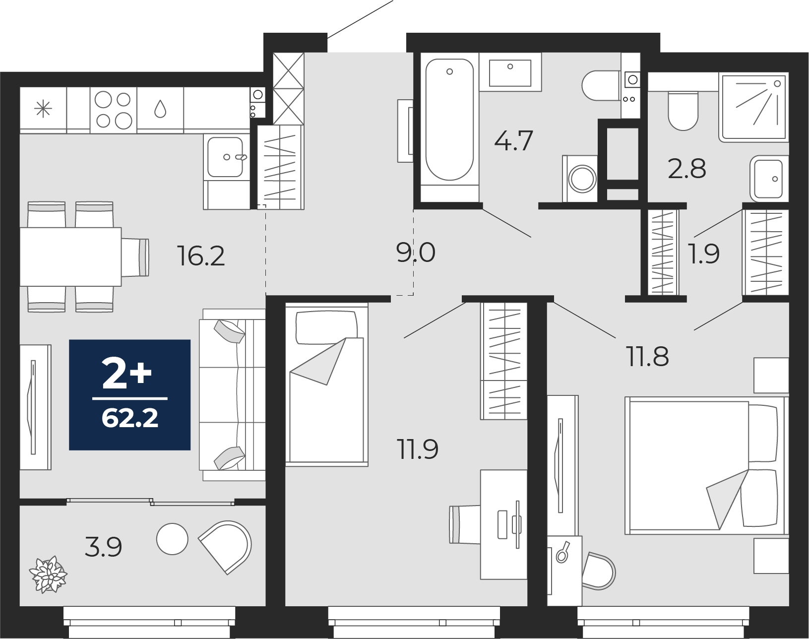 Планировка: Евротрешка 63.5 м² в ЖК Прео, Тюменская слобода