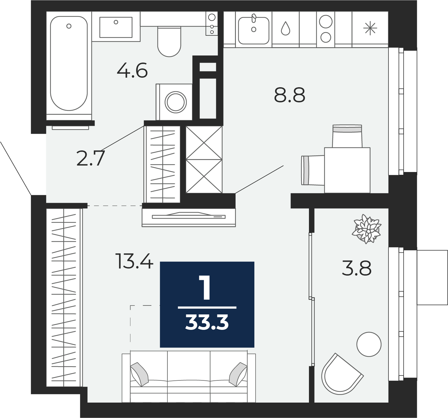 Планировка: 1-комнатная 34 м² в ЖК Беринг, Лесобаза
