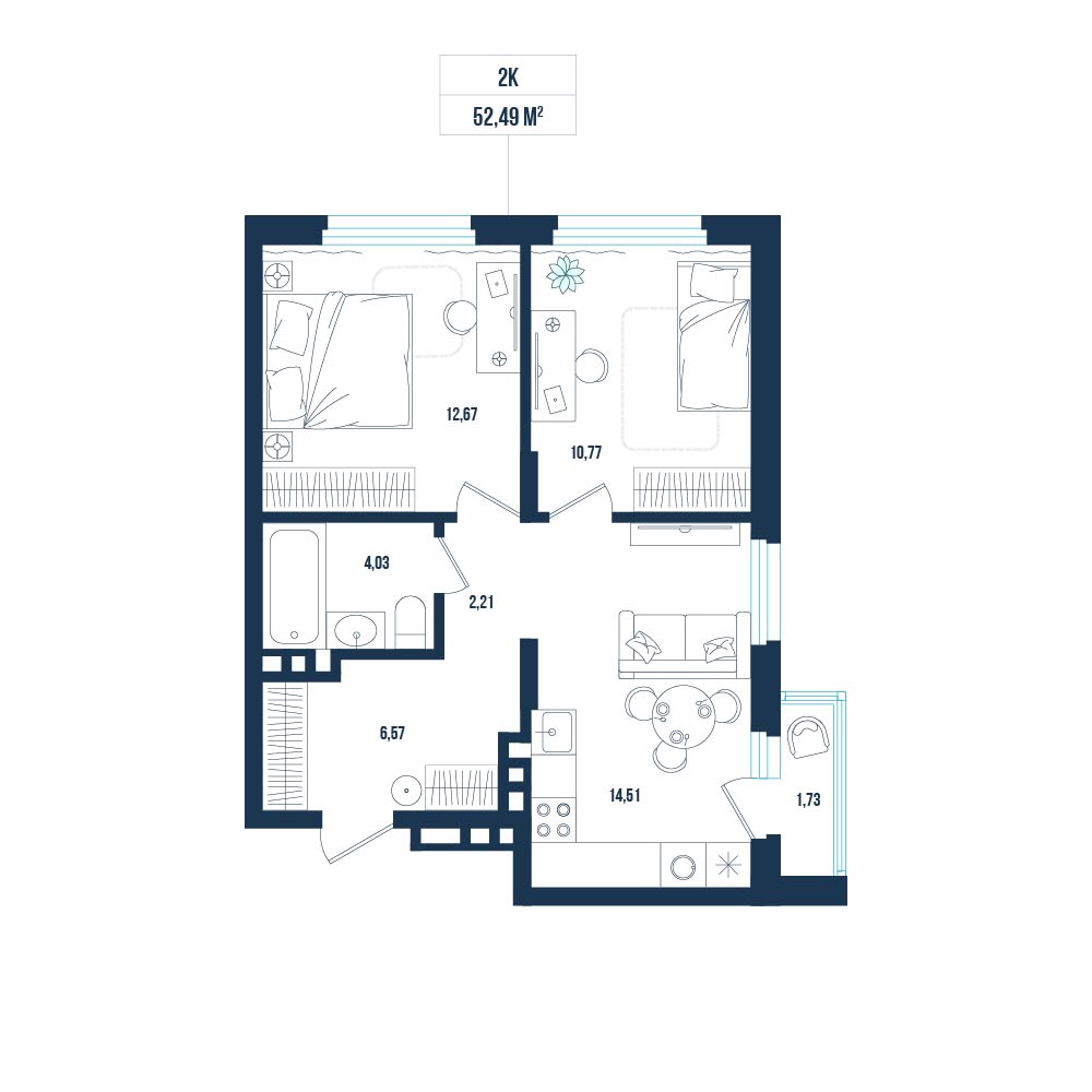 Планировка: Евротрешка 52.5 м² в ЖК Смородина, ЖК Смородина