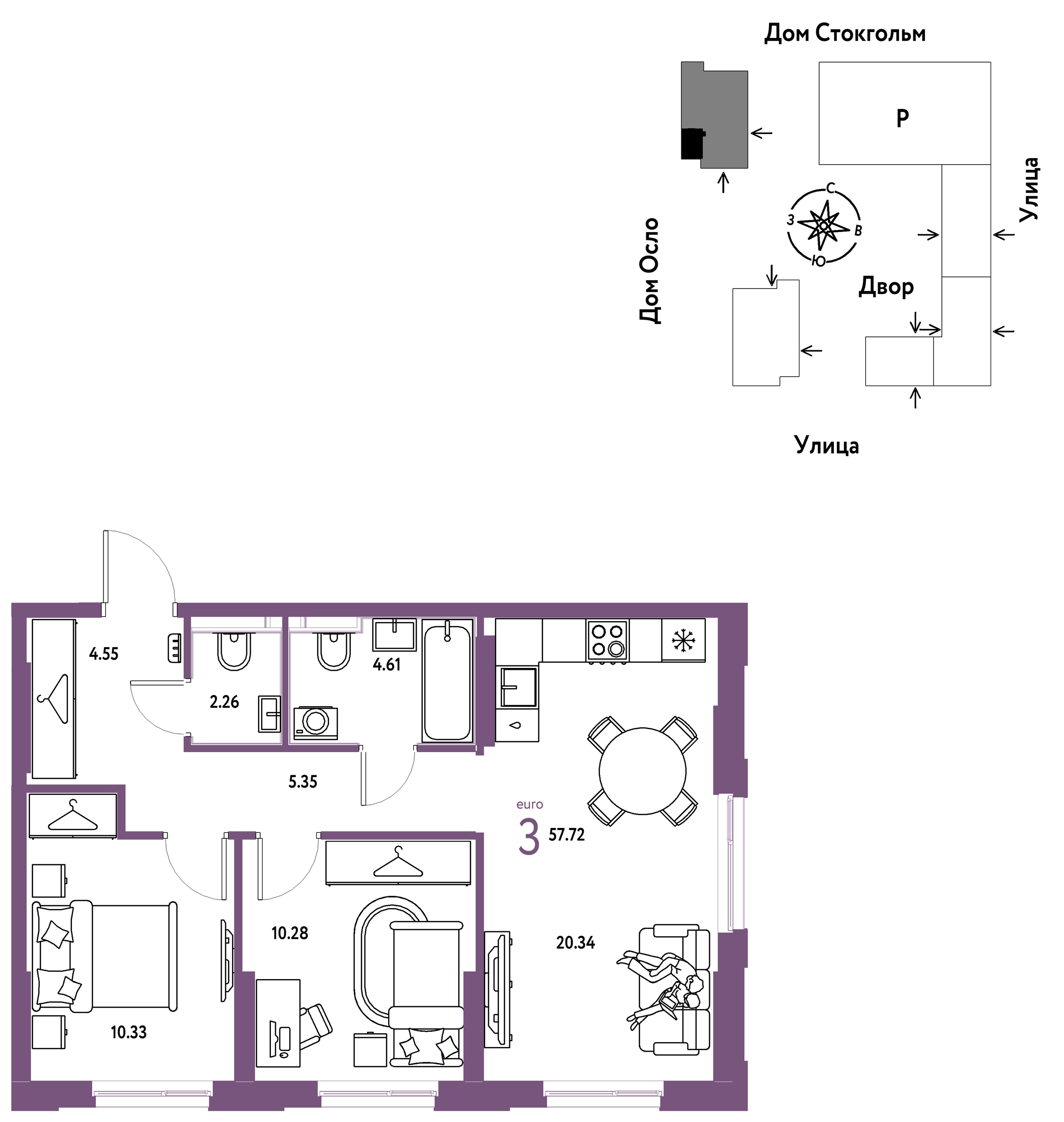 Планировка: Евротрешка 57.7 м² в ЖК Европейский берег 2.0, Европейский