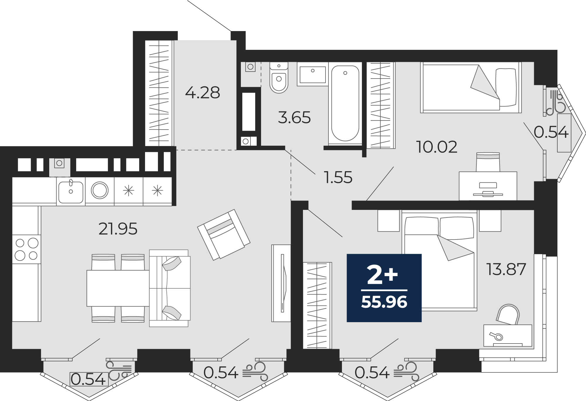 Планировка: Евротрешка 57.5 м² в ЖК Айвазовский, 5-й Заречный