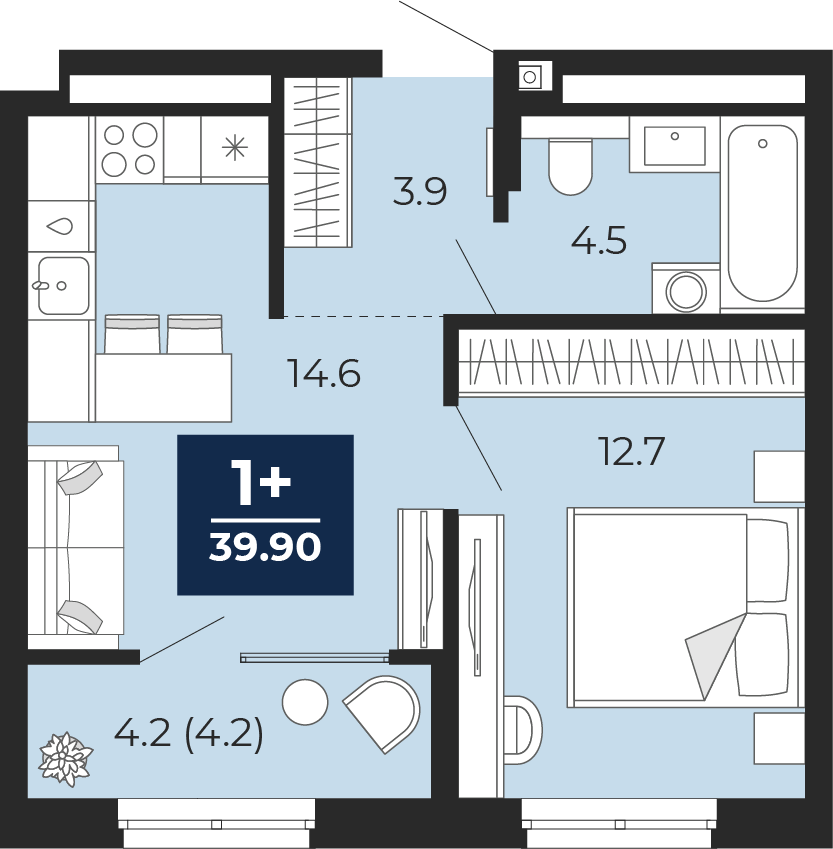 Планировка: Евродвушка 39.9 м² в ЖК Мириады, Мыс