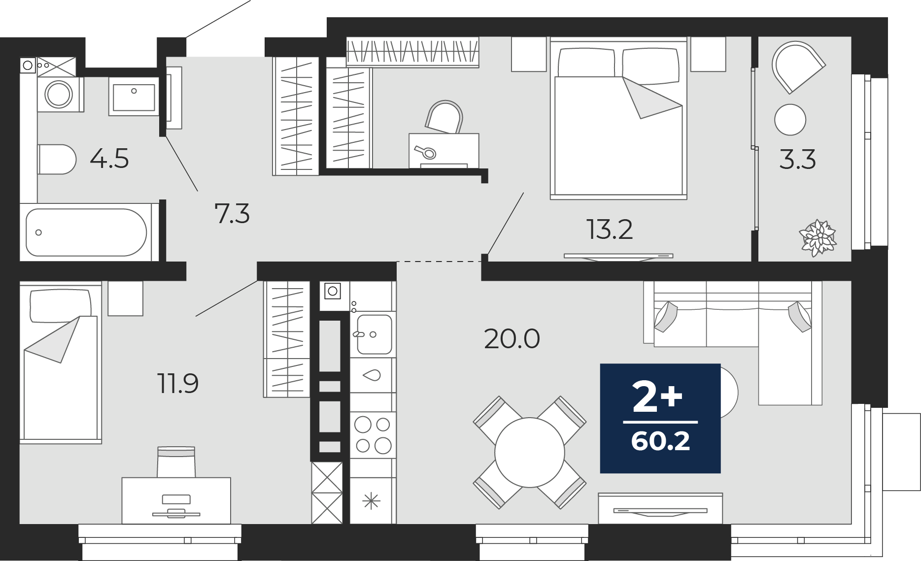 Планировка: Евротрешка 61.6 м² в ЖК Прео, Тюменская слобода