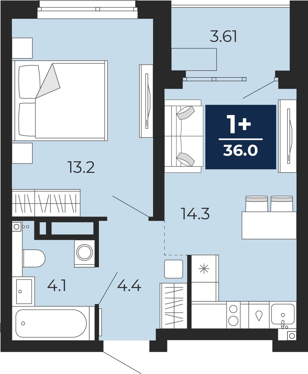 Планировка: Евродвушка 40.3 м² в ЖК Прео, Тюменская слобода