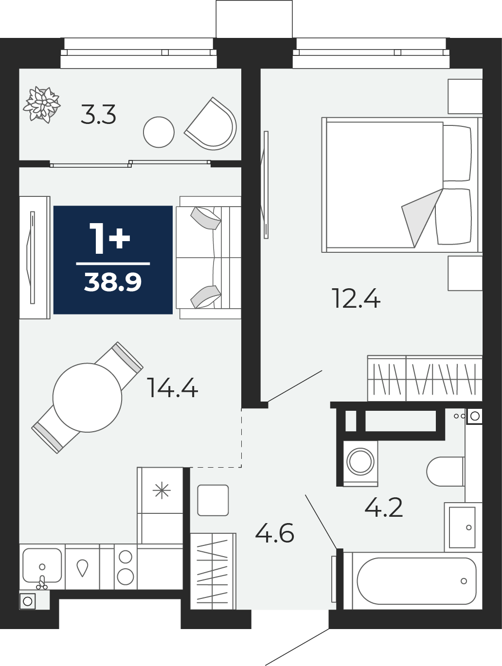 Планировка: Евродвушка 39.7 м² в ЖК Прео, Тюменская слобода