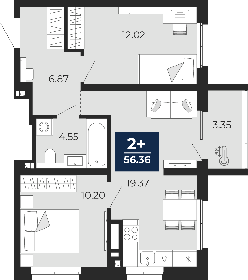 Планировка: Евротрешка 56.4 м² в ЖК Беринг, Лесобаза