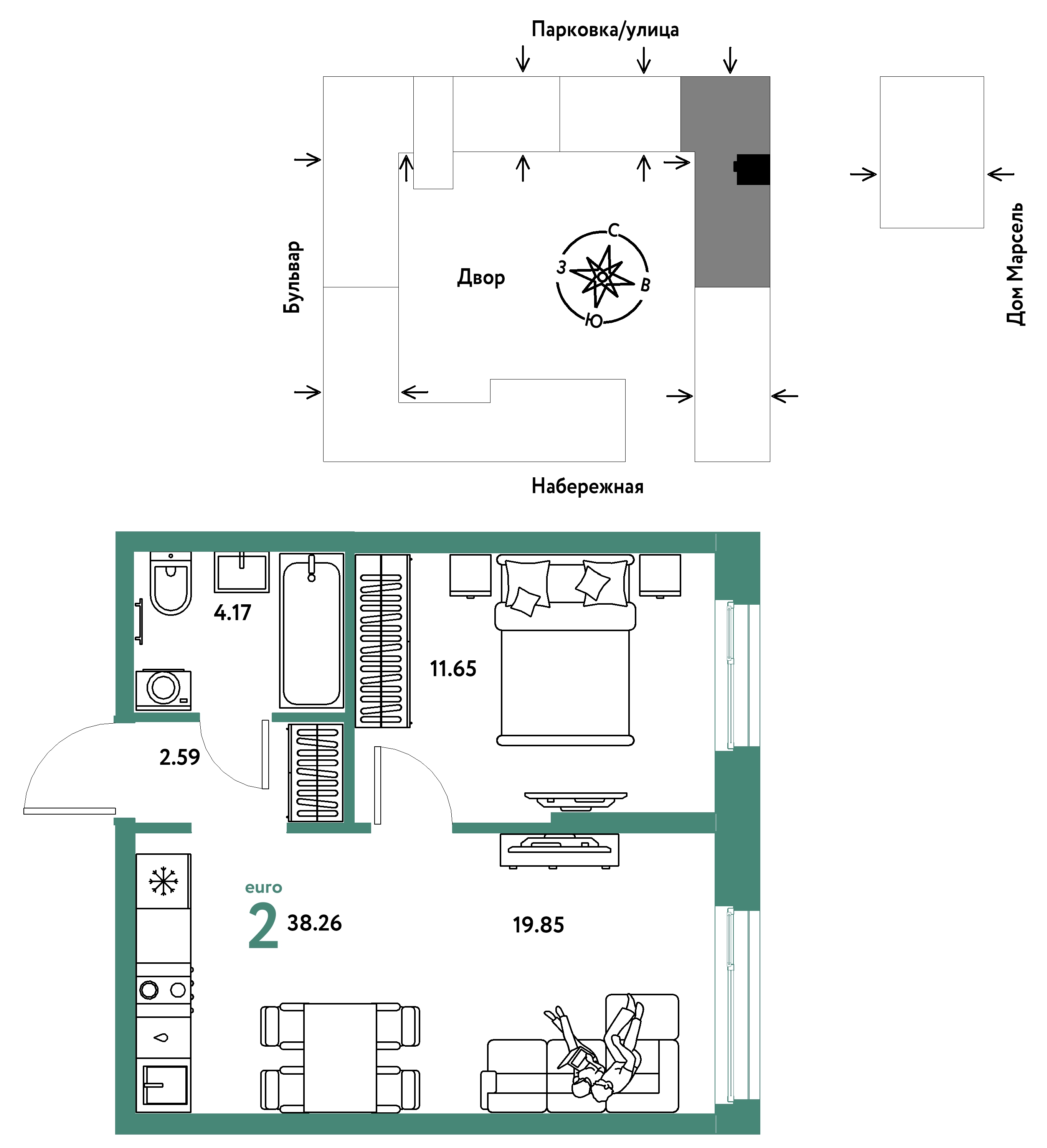 Планировка: Евродвушка 38.3 м² в ЖК Европейский берег 2.0, Европейский