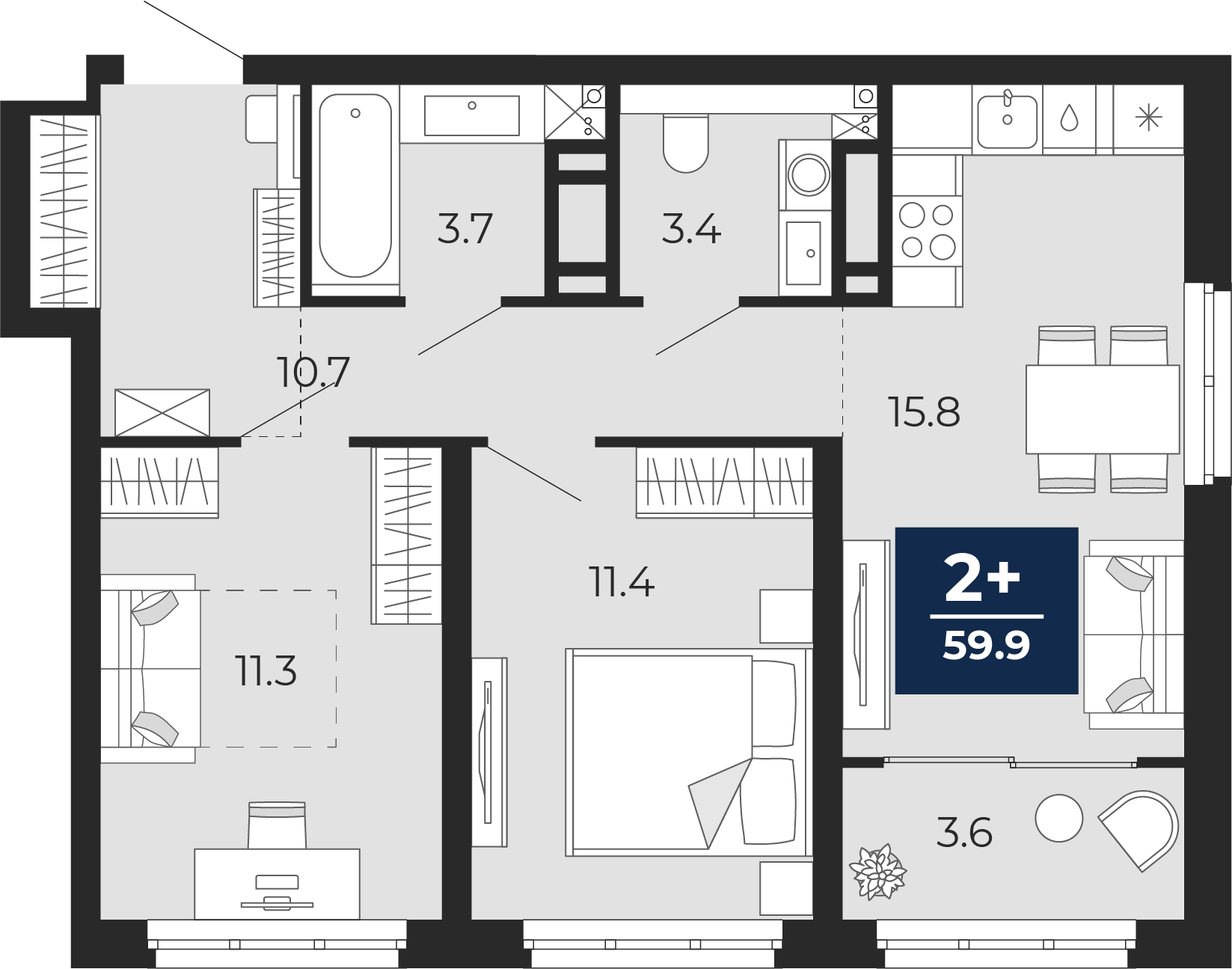 Планировка: Евротрешка 61.1 м² в ЖК Прео, Тюменская слобода
