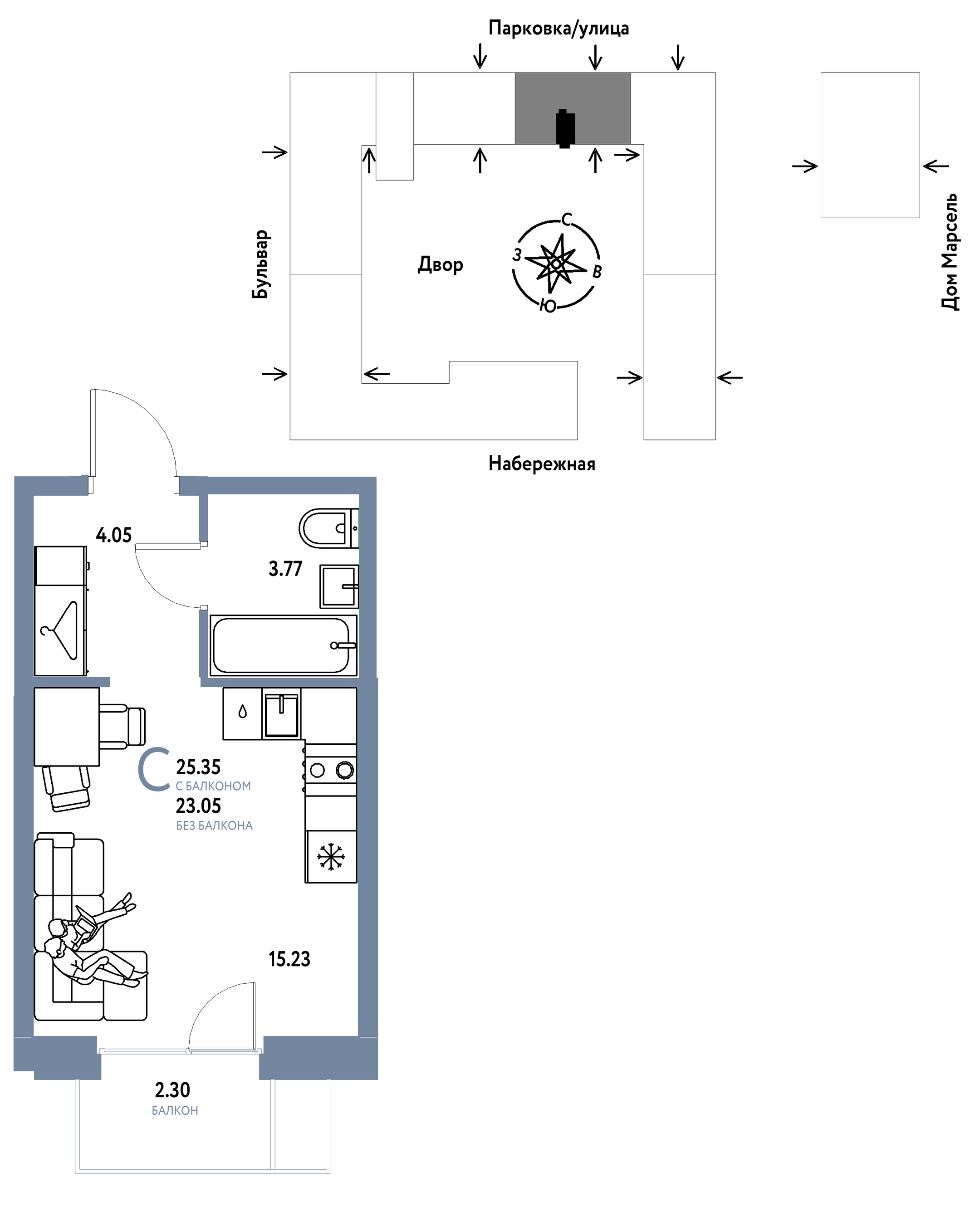 Планировка: Студия 25.4 м² в ЖК Европейский берег 2.0, Европейский