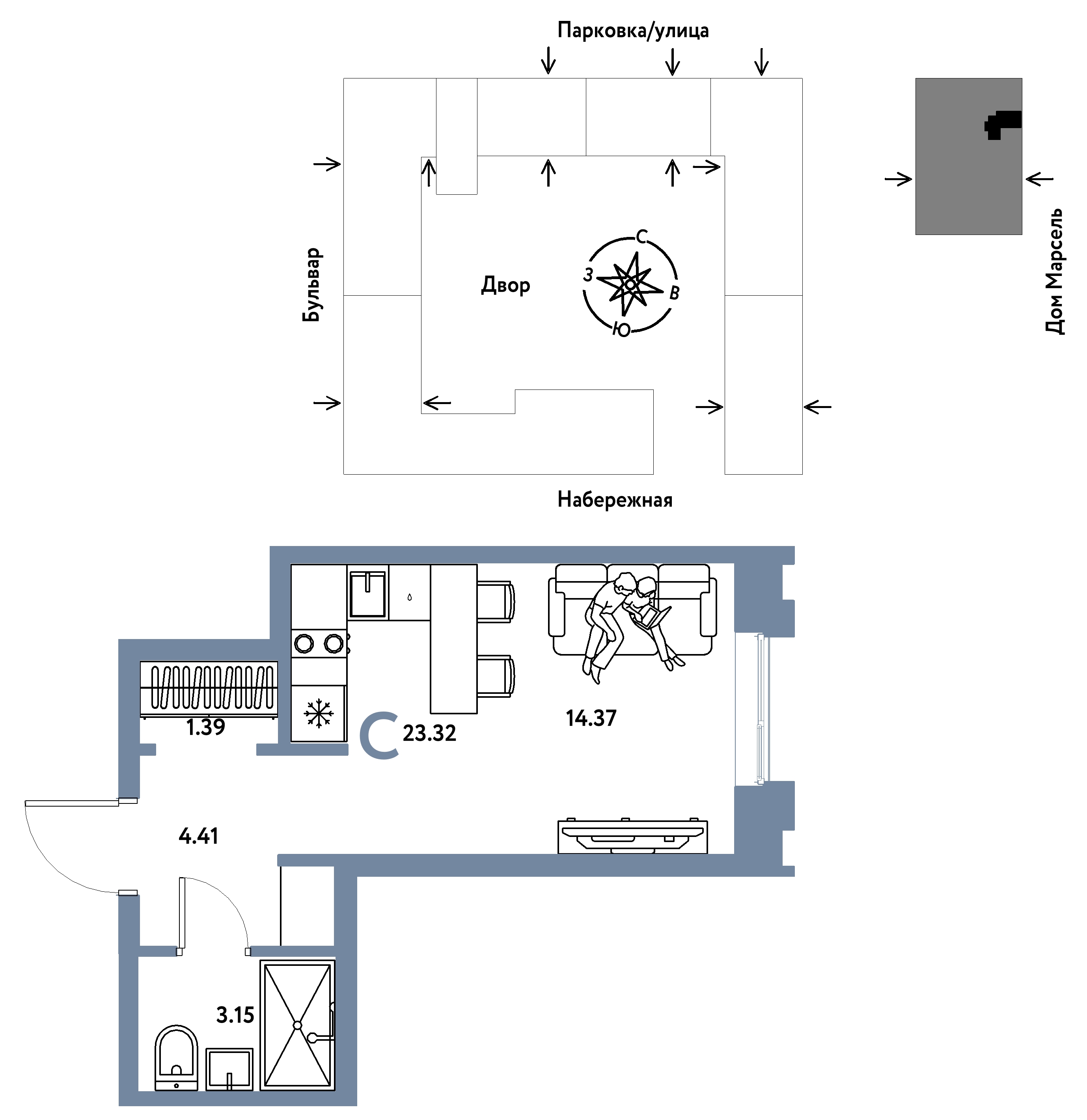 Планировка: Студия 23.3 м² в ЖК Европейский берег 2.0, Европейский