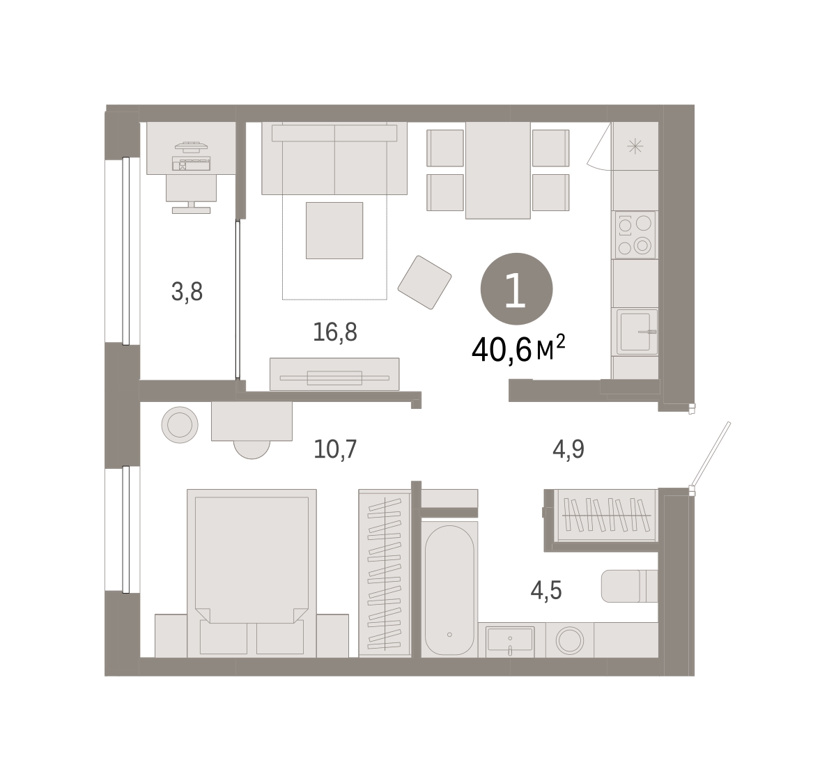 Планировка: 1-комнатная 44.4 м² в ЖК Республики 205, Центр: КПД