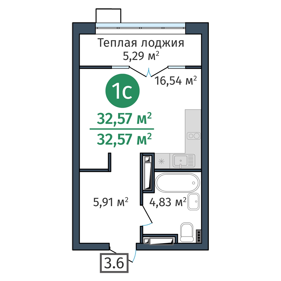 Планировка: Студия 32.6 м² в ЖК DOK, ДОК
