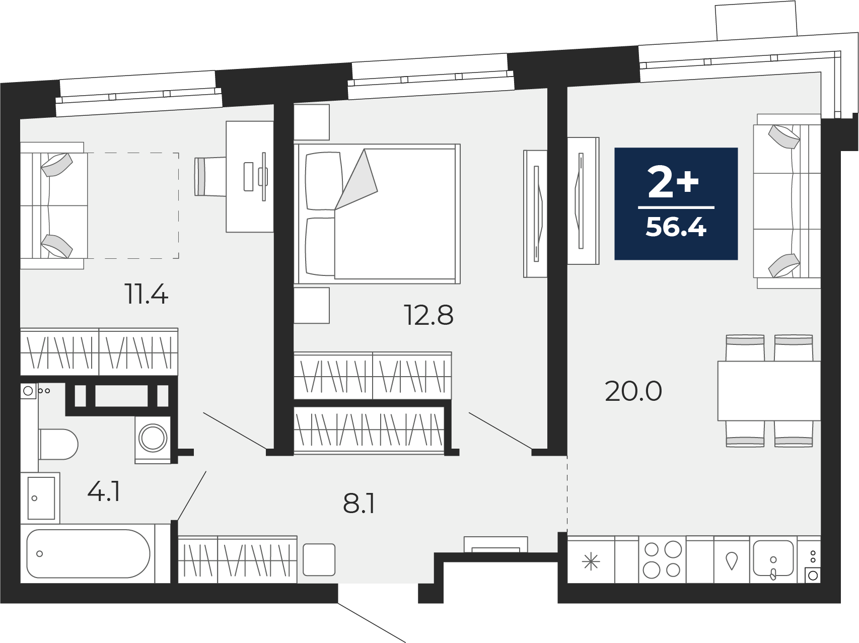Планировка: Евротрешка 57.7 м² в ЖК Прео, Тюменская слобода