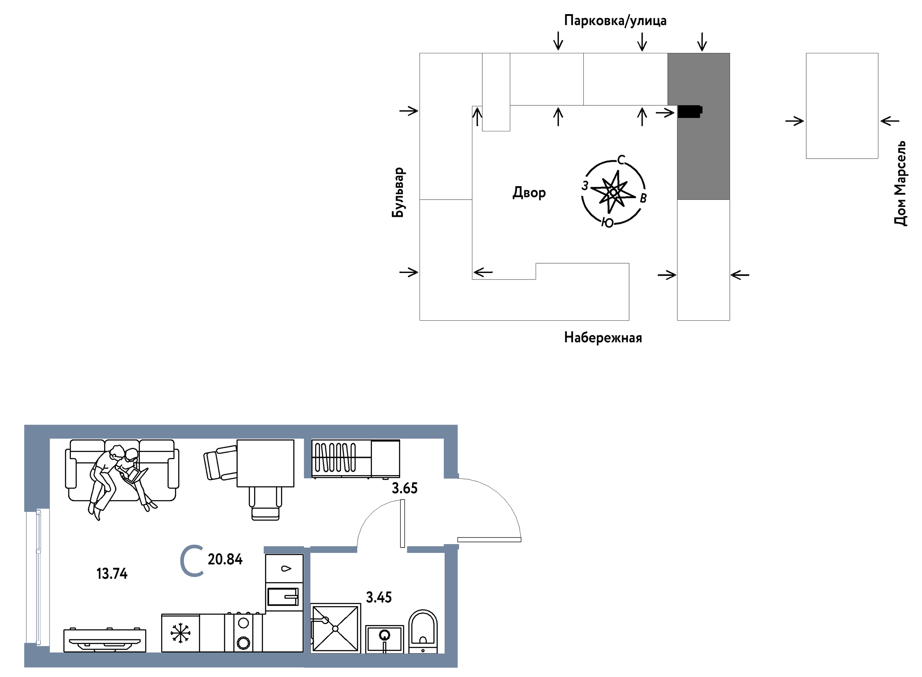 Планировка: Студия 20.8 м² в ЖК Европейский берег 2.0, Европейский
