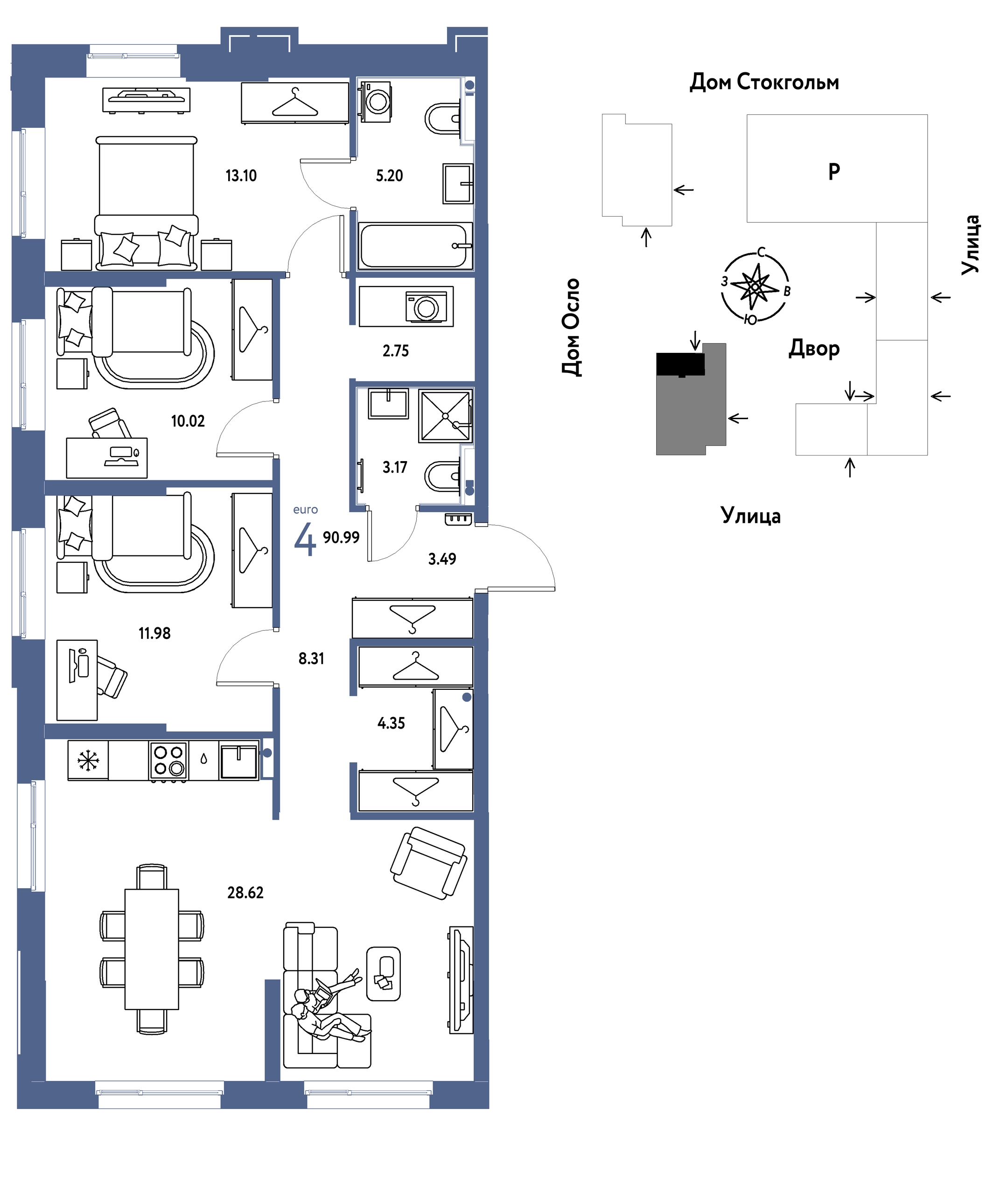 Планировка: 4-комнатная евро 91 м² в ЖК Европейский берег 2.0, Европейский