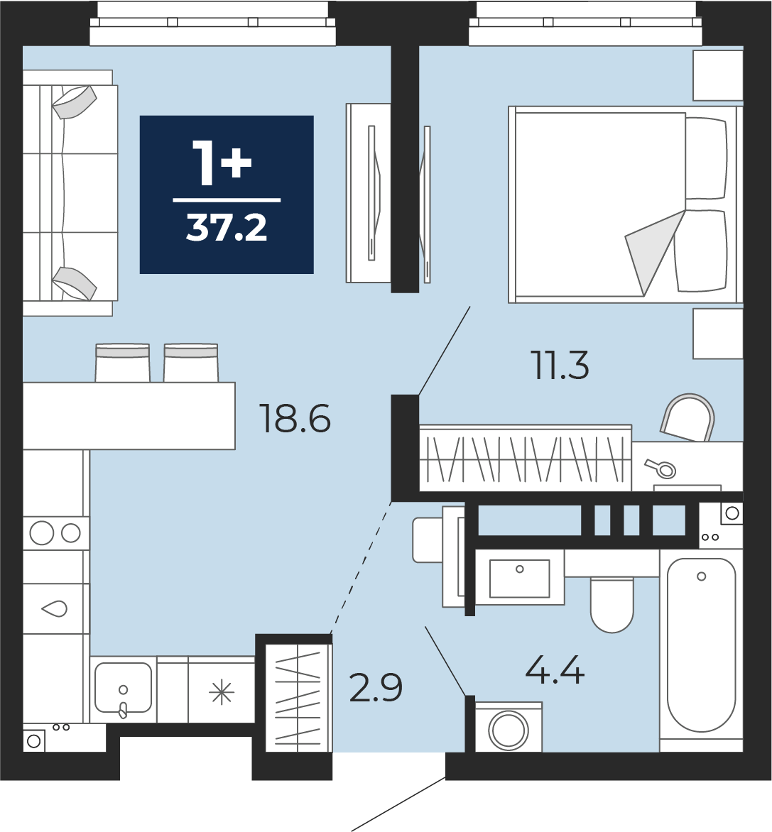 Планировка: Евродвушка 37.9 м² в ЖК Прео, Тюменская слобода