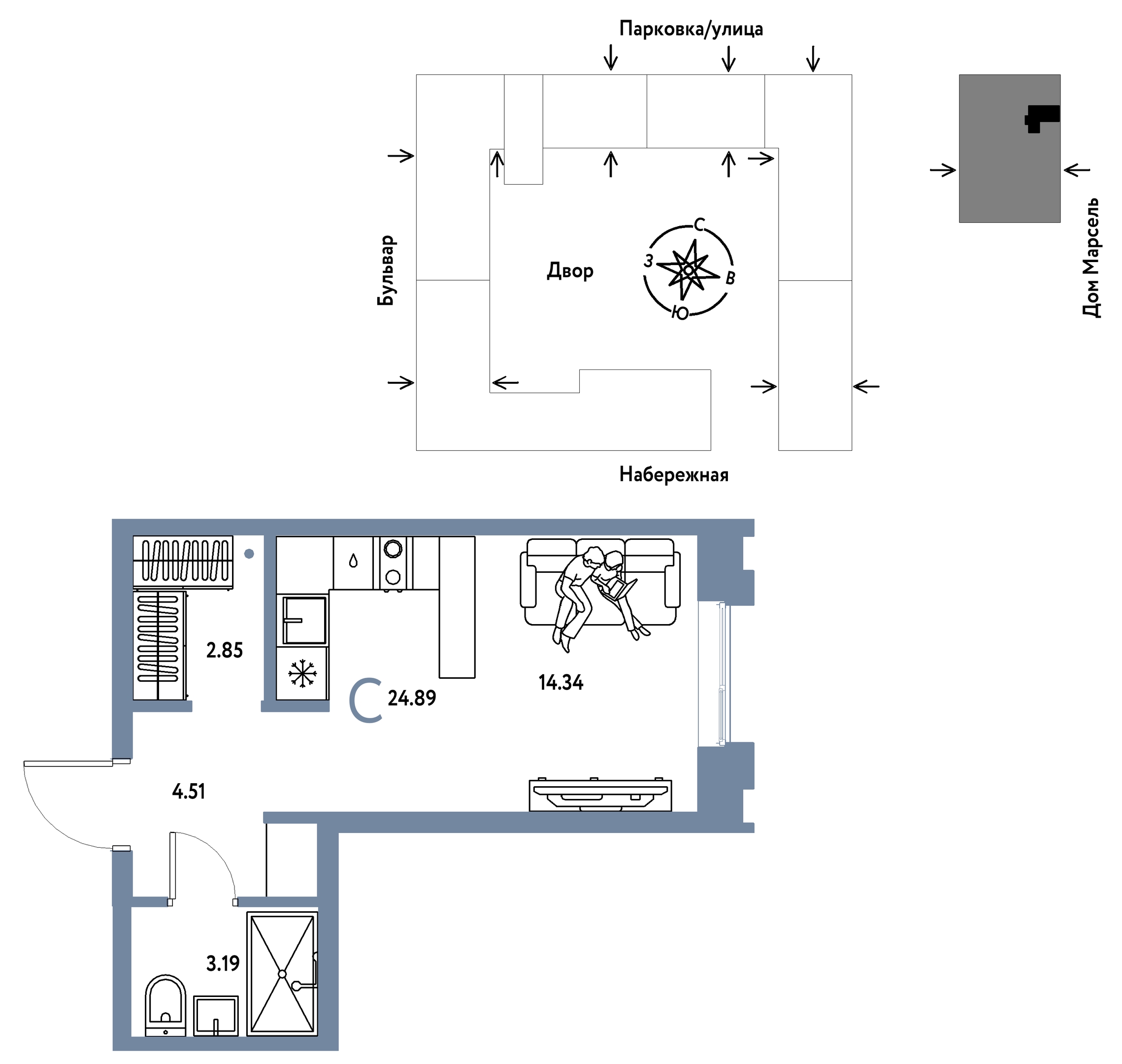 Планировка: Студия 24.9 м² в ЖК Европейский берег 2.0, Европейский