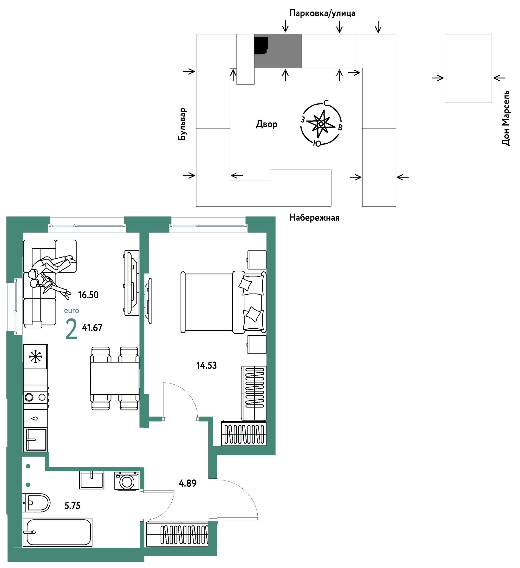 Планировка: Евродвушка 41.7 м² в ЖК Европейский берег 2.0, Европейский