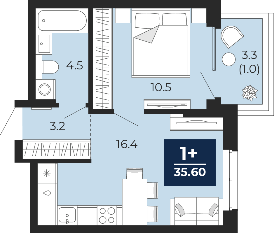Планировка: Евродвушка 37.9 м² в ЖК Мириады, Мыс