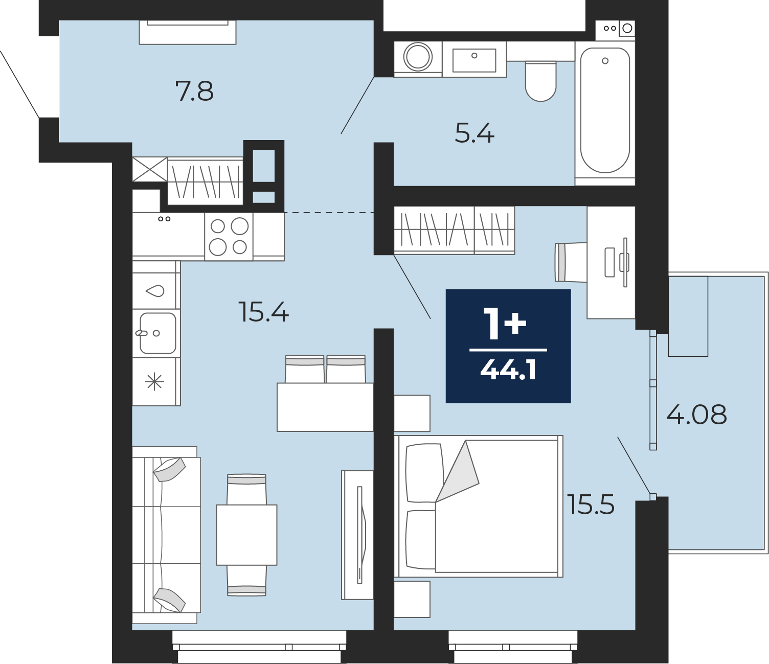 Планировка: Евродвушка 48.9 м² в ЖК Прео, Тюменская слобода