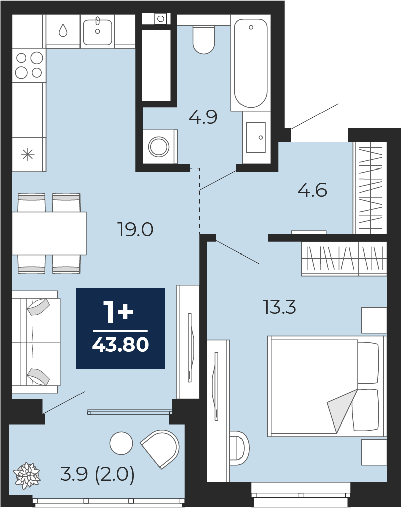 Планировка: Евродвушка 45.7 м² в ЖК Мириады, Мыс