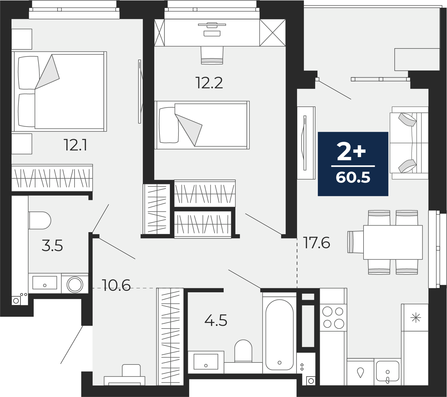 Планировка: Евротрешка 65.7 м² в ЖК Прео, Тюменская слобода