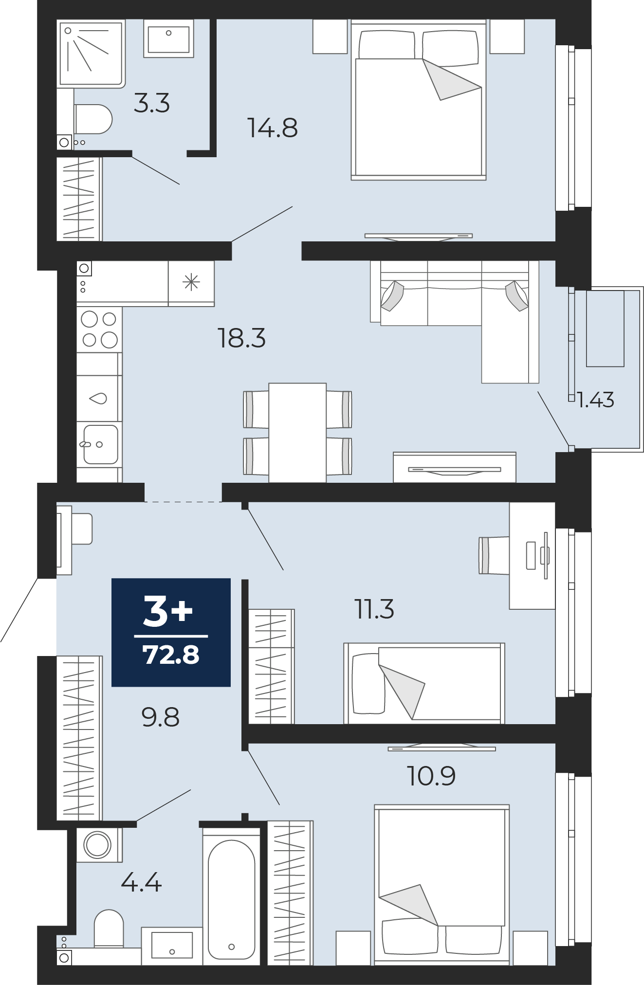 Планировка: 4-комнатная евро 75.6 м² в ЖК Прео, Тюменская слобода