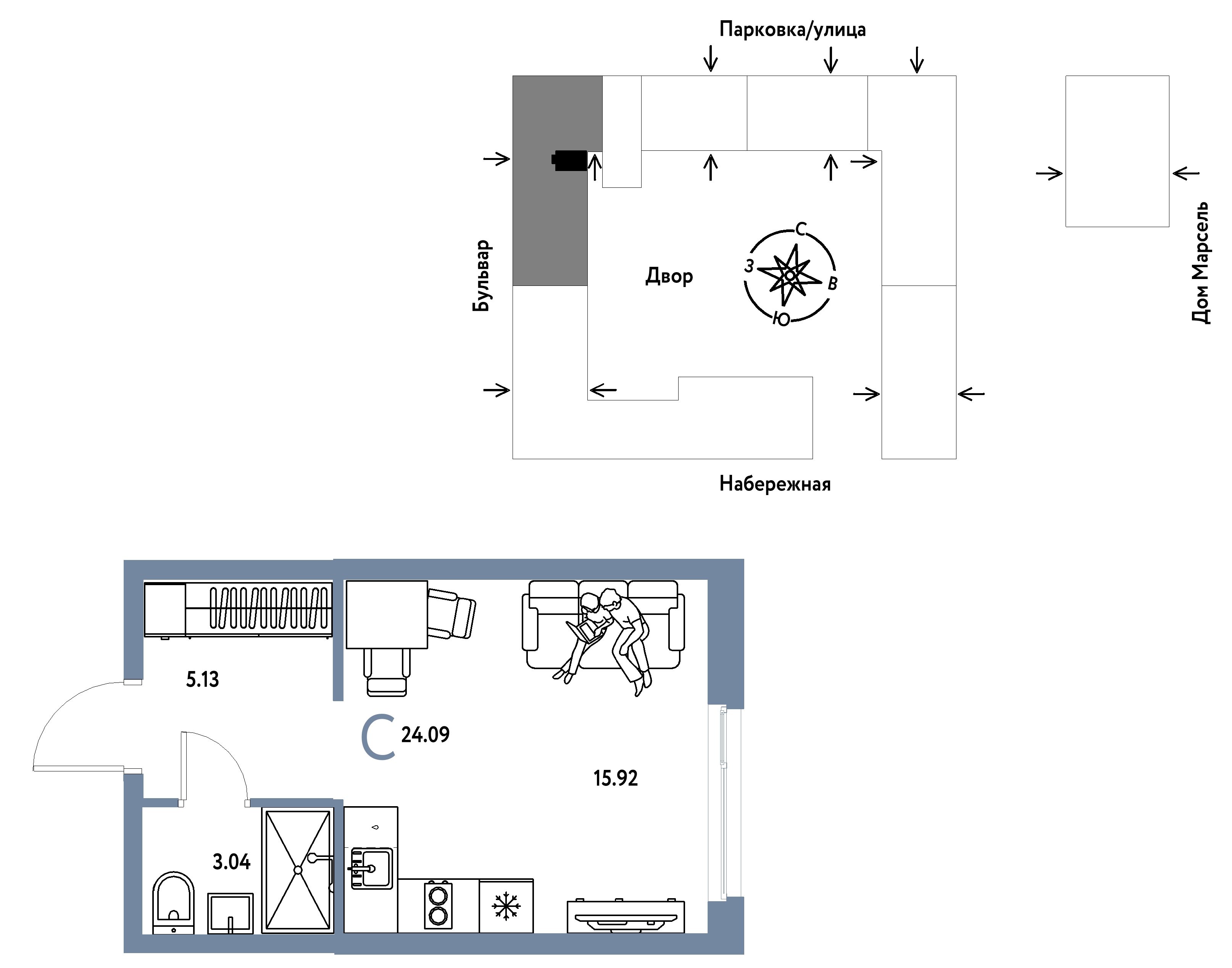 Планировка: Студия 24.1 м² в ЖК Европейский берег 2.0, Европейский