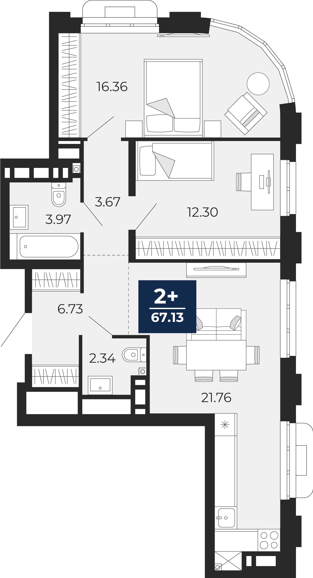 Планировка: 2-комнатная 67.1 м² в ЖК Айвазовский, 5-й Заречный